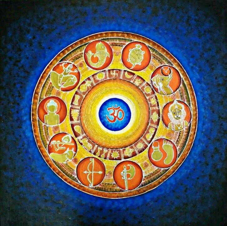Religious acrylic painting titled 'Dashavtar', 36x36 inches, by artist Madhavi Joshi on Canvas