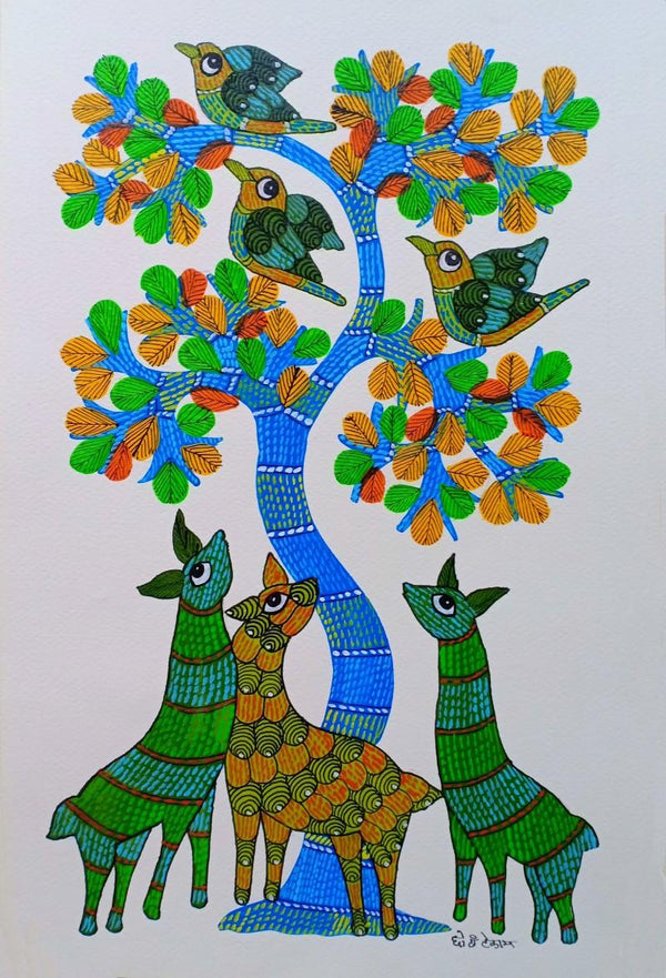 Deer Under The Tree Traditional Art by Choti Gond Artist | ArtZolo.com