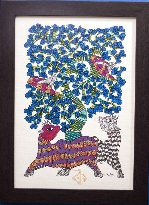 Deer And Peacocks Gond Art 1 Traditional Art by Kalavithi Art Ventures | ArtZolo.com