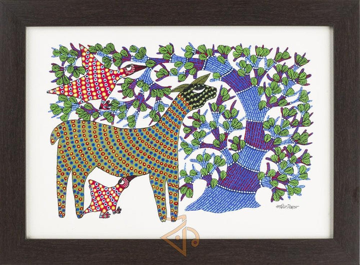 Deer And Peacocks Gond Art 2 Traditional Art by Kalavithi Art Ventures | ArtZolo.com