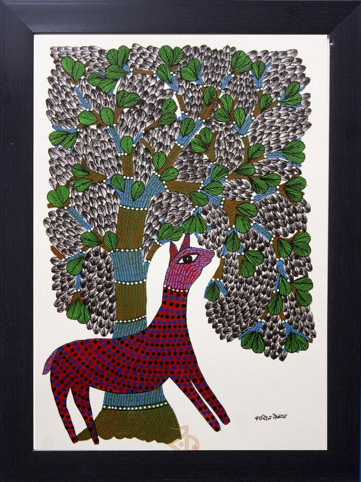 Deer Under Tree Red Gond Art Traditional Art by Kalavithi Art Ventures | ArtZolo.com