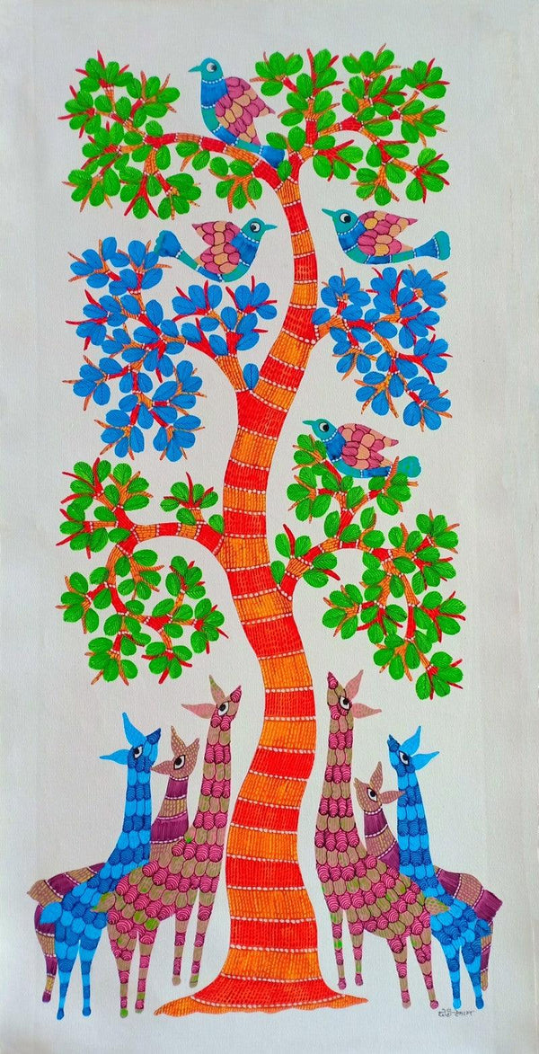 Deers Under The Tree 7 Traditional Art by Choti Gond Artist | ArtZolo.com