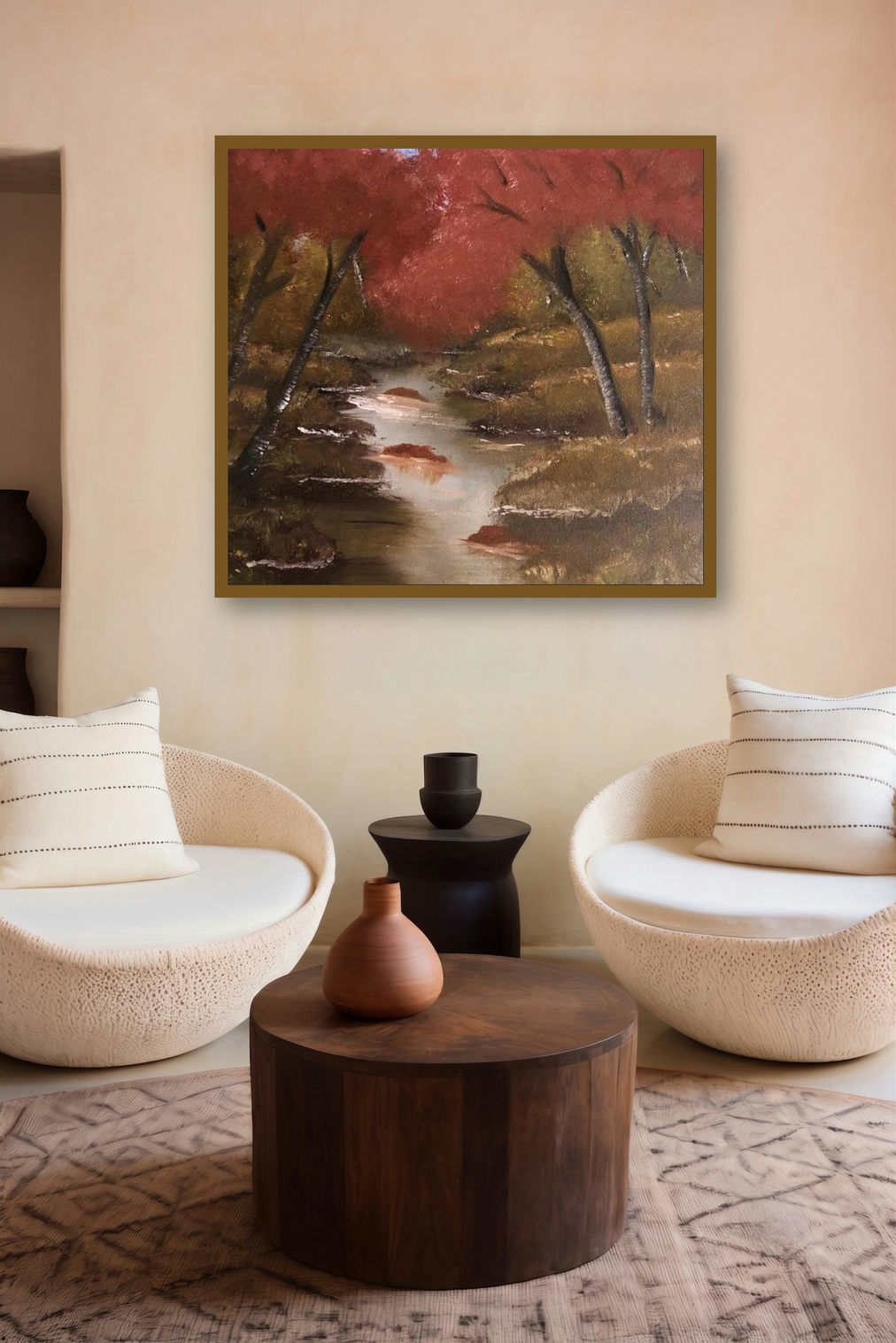 Dense Forest (Crimson Creek) by artist Anu Dhimaan displayed in a Minimalist gallery