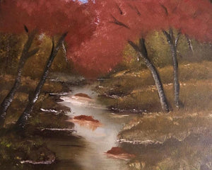 Dense Forest (Crimson Creek) by Anu Dhimaan, Original Oil Landscape Painting on Canvas, Small Horizontal Wall Art
