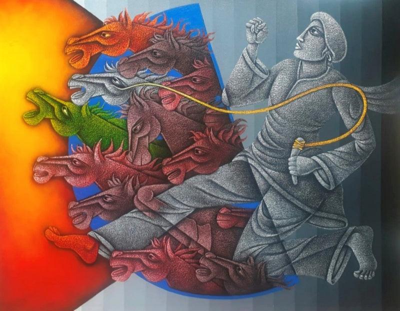 Figurative acrylic painting titled 'Determination', 48x60 inches, by artist Satyajeet Shinde on Canvas