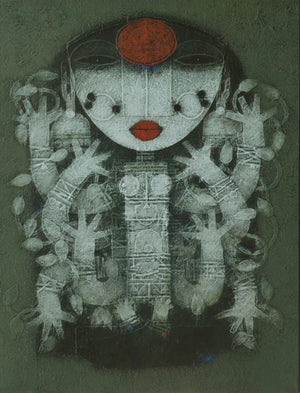 Religious mixed media painting titled 'Devi 4', 48x36 inches, by artist Basuki Dasgupta on Canvas