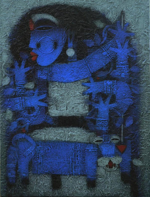 Religious mixed media painting titled 'Devi 5', 48x36 inches, by artist Basuki Dasgupta on Canvas