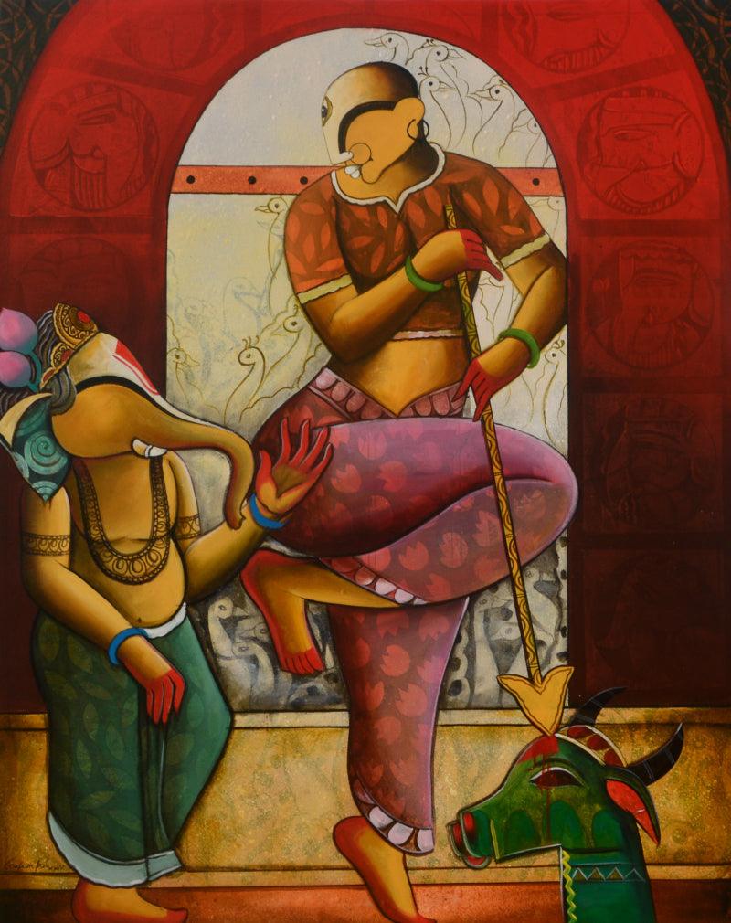 Religious acrylic painting titled 'Devi', 48x60 inches, by artist Anupam Pal on canvas