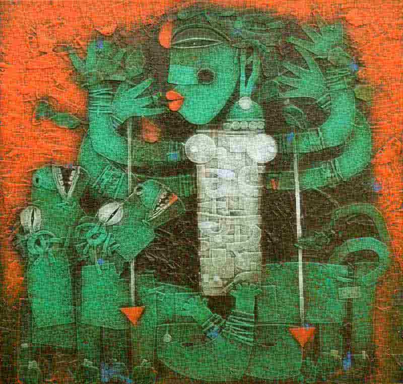 Religious acrylic painting titled 'Devi', 36x36 inches, by artist Basuki Dasgupta on Canvas