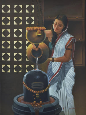 Religious oil painting titled 'Devotee', 36x48 inches, by artist Kamal Rao on Canvas