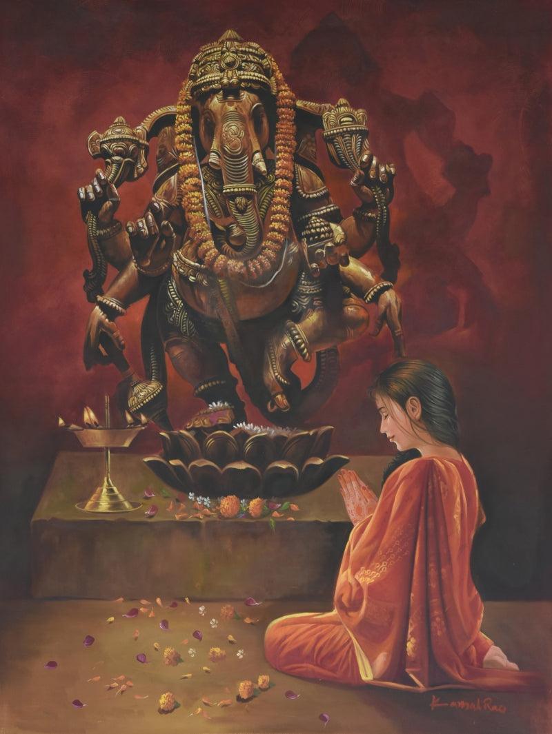 Religious oil painting titled 'Devotee', 52x36 inches, by artist Kamal Rao on Canvas