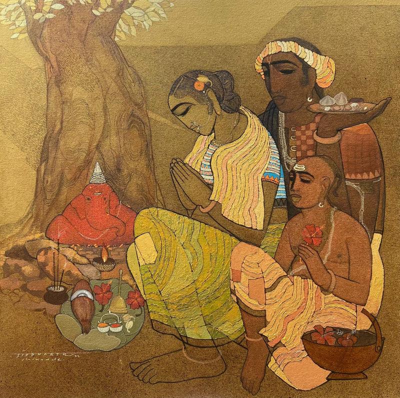 Religious acrylic painting titled 'Devotee', 30x30 inches, by artist Siddharth Shingade on Canvas