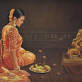 Religious oil painting titled 'Devotion', 42x32 inches, by artist Kamal Rao on Canvas