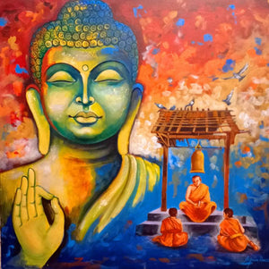 Religious acrylic painting titled 'Devotion Of Buddha 10', 36x36 inches, by artist Arjun Das on Canvas