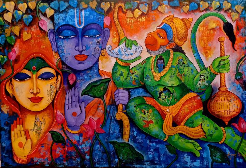 Religious acrylic painting titled 'Devotion Of Hanuman', 48x72 inches, by artist Arjun Das on Canvas
