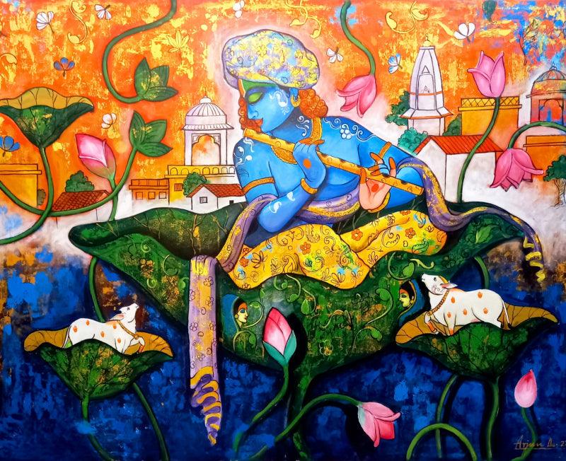 Religious acrylic painting titled 'Devotion Of Krishna 16', 48x60 inches, by artist Arjun Das on Canvas
