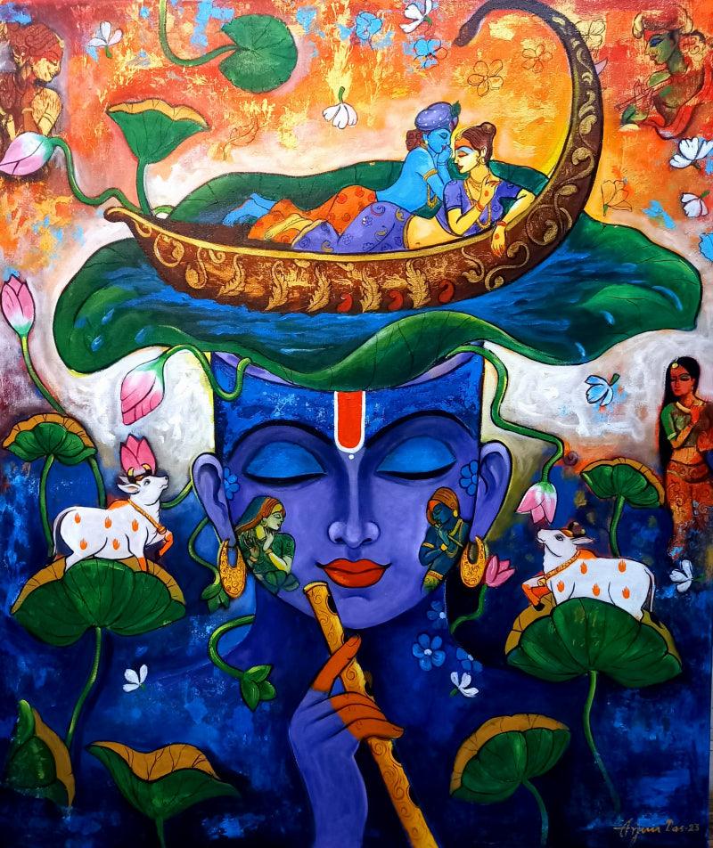 Religious acrylic painting titled 'Devotion of Krishna 18', 42x36 inches, by artist Arjun Das on Canvas