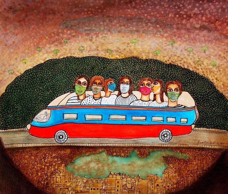 Figurative acrylic ink painting titled 'Dialogue With Nature 6', 14x16 inches, by artist Poonam Kishor on Paper