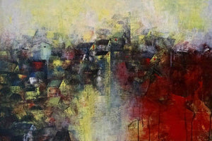Abstract acrylic painting titled 'Distant View Of A Village', 24x36 inches, by artist M Singh on Canvas