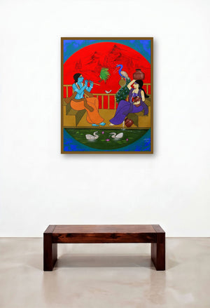 Divine Couple (The Flute's Enchantment) by artist Chetan Katigar displayed in a Scandinavian Living Room