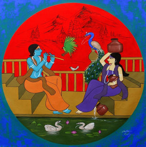 Divine Couple (The Flute's Enchantment) by Chetan Katigar, Original Acrylic Contemporary Painting on Canvas, Medium Square Wall Art
