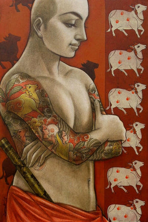 Figurative mixed media painting titled 'Divine Flute', 36x24 inches, by artist Sukanta Das on Canvas