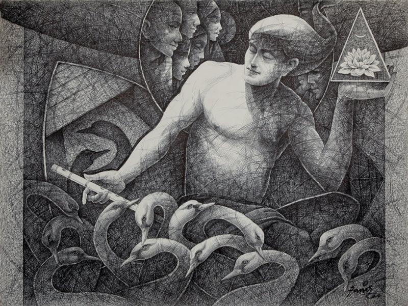 Figurative pen ink drawing titled 'Divine Love', 36x48 inches, by artist Ajay Kumar Samir on Paper