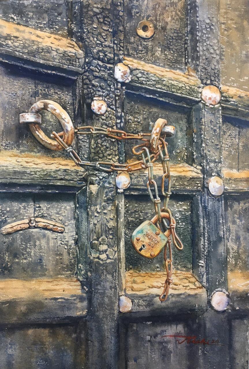 Still-life watercolor painting titled 'Door', 22x15 inches, by artist Nishikant Palande on Paper