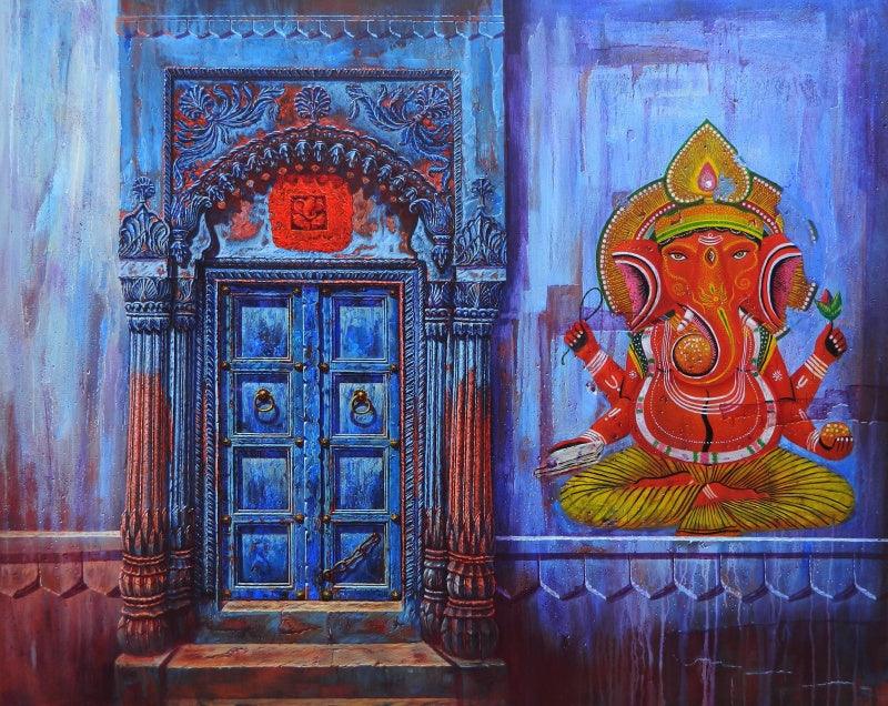 Religious acrylic painting titled 'Door', 48x60 inches, by artist Anil Yadav on Canvas