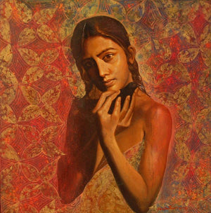 Dream by Harisadhan Dey, Original Oil Figurative Painting on Canvas, Medium Square Wall Art