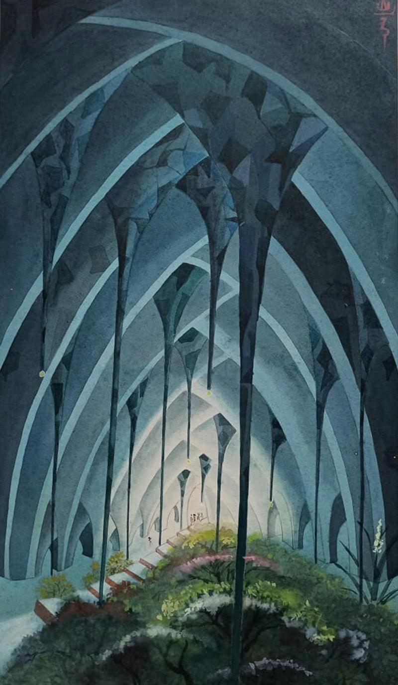 Landscape watercolor painting titled 'Dream', 18x10 inches, by artist Rina Roy on Paper