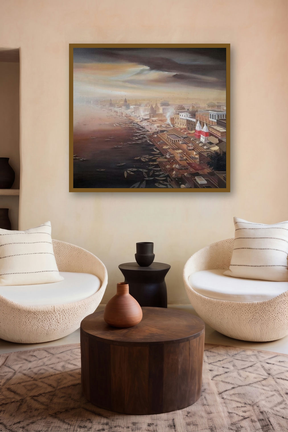 Dream City (Varanasi Ghats Sunset) by artist Subir Dey displayed in a Modern gallery