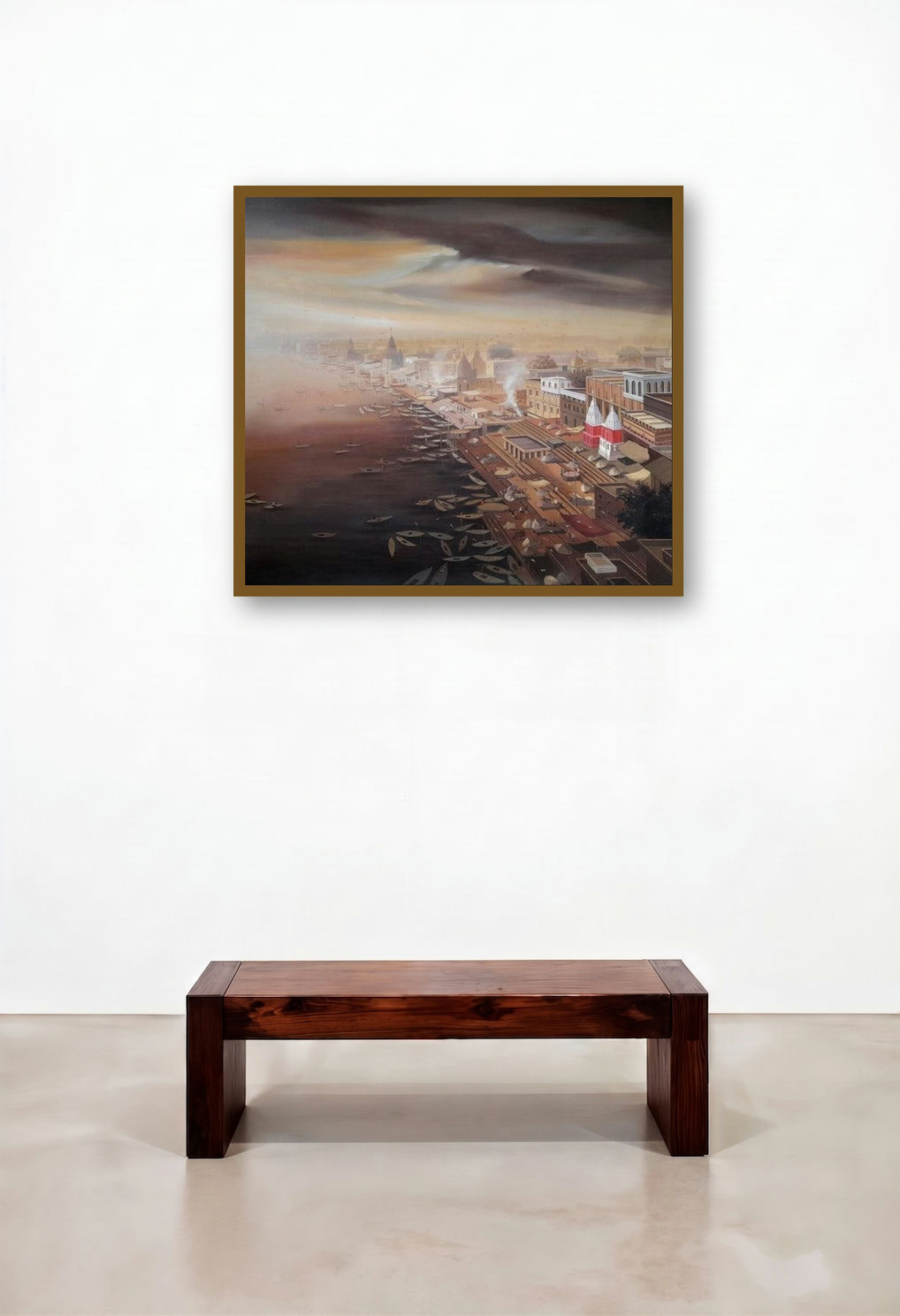 Dream City (Varanasi Ghats Sunset) by artist Subir Dey displayed in a Luxury Hotel Suite
