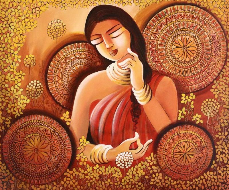 Figurative acrylic painting titled 'Dreamgirl', 30x36 inches, by artist NITU CHHAJER on Canvas