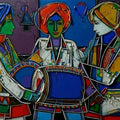 Figurative acrylic painting titled 'Drummers', 30x48 inches, by artist Girish Adannavar on Canvas