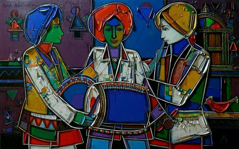Figurative acrylic painting titled 'Drummers', 30x48 inches, by artist Girish Adannavar on Canvas