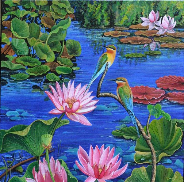Duet In Lotus Pond Painting by Vani Chawla | ArtZolo.com