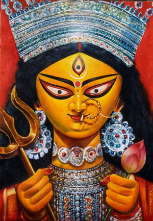Religious acrylic painting titled 'Durga', 24x18 inches, by artist Sumon Naskar on Canvas