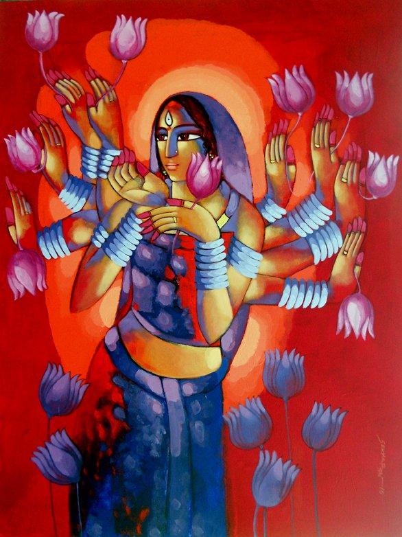Figurative acrylic painting titled 'Durga', 36x48 inches, by artist Sekhar Roy on canvas