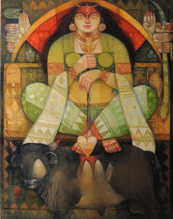 Durga O Bull Painting by Arun Samadder | ArtZolo.com