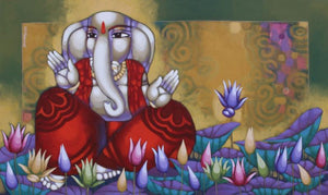 Religious acrylic painting titled 'Ekadanta', 36x60 inches, by artist Sekhar Roy on Canvas