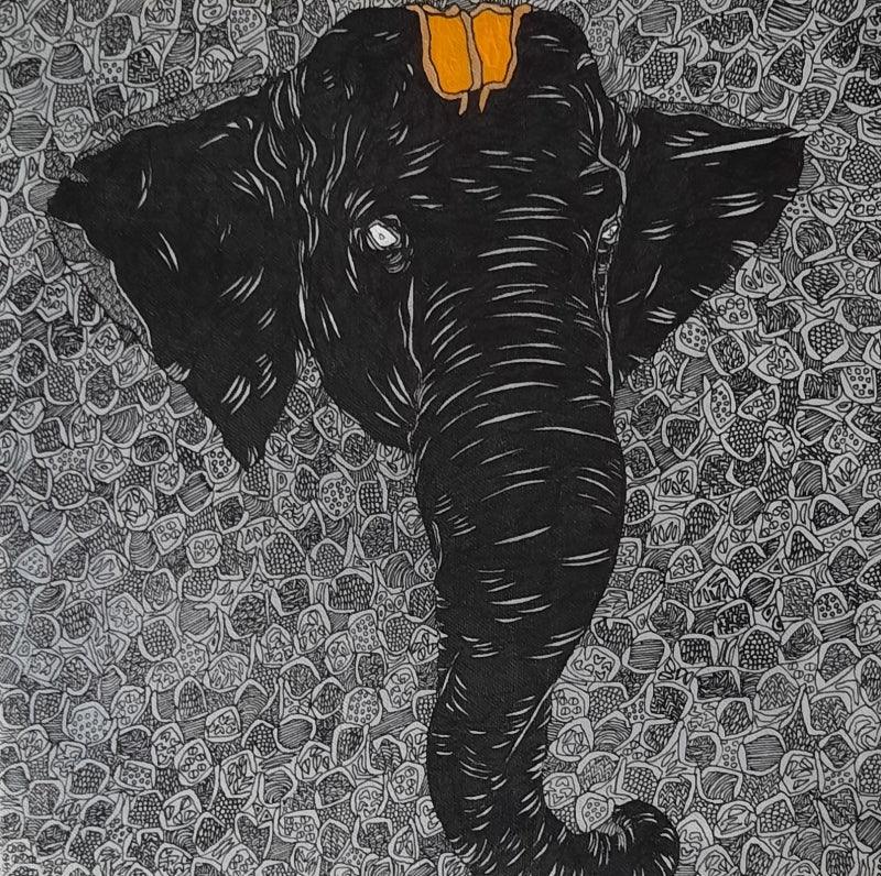 Religious pen drawing titled 'Ekdant', 12x12 inches, by artist Rama Krishna V on Canvas