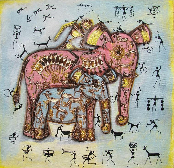 Elephant With Baby Tribal Painitng Blue Painting by Pradeep Swain | ArtZolo.com