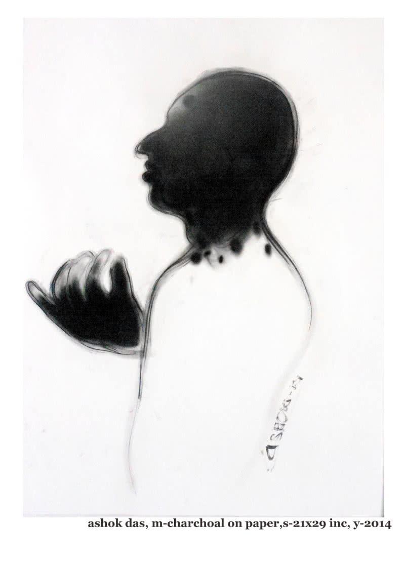 Figurative charcoal painting titled 'Enlightenment', 23x33 inches, by artist Ashok Das on Paper