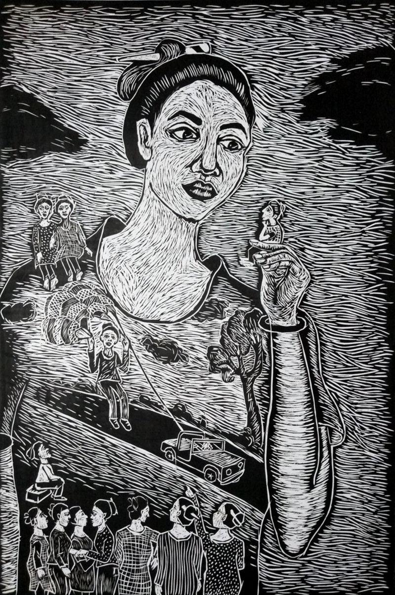 Figurative printmaking titled 'Envisage', 48x32 inches, by artist Nandini Pantawane on Paper
