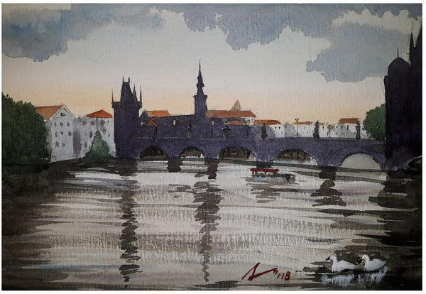 Evening At Charles Bridge Prague Painting by Arunava Ray | ArtZolo.com