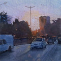 Cityscape watercolor painting titled 'Evening Light', 22x14 inches, by artist Abhijit Jadhav on Paper