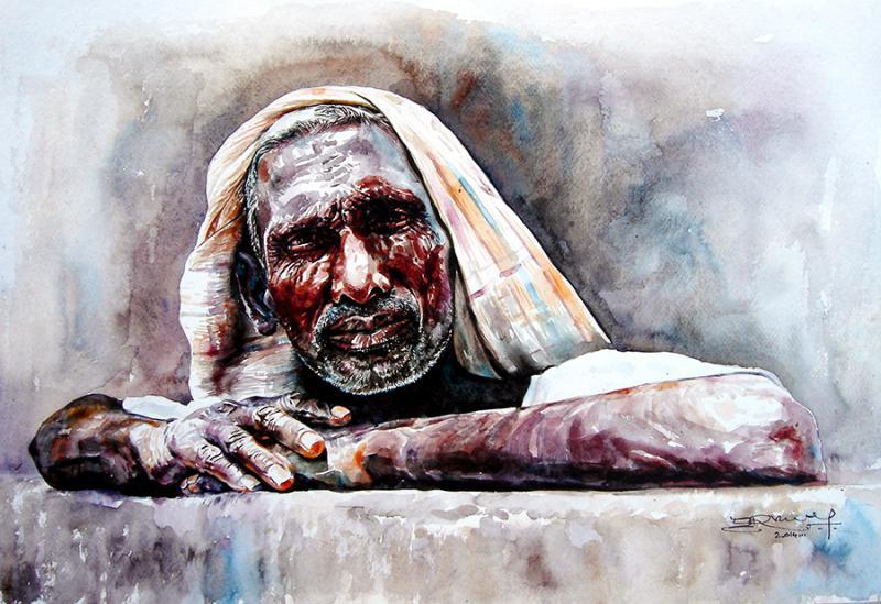 Figurative watercolor painting titled 'Expectation', 22x15 inches, by artist SRV ARTIST on Handmade Paper