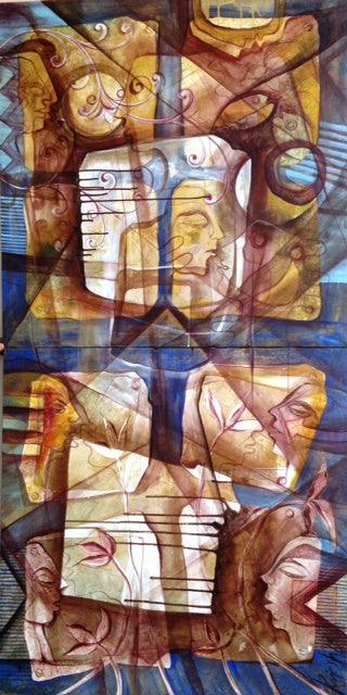 contemporary mixed media painting titled 'Face To Face', 72x36 inches, by artist Rajesh Yadav on canvas