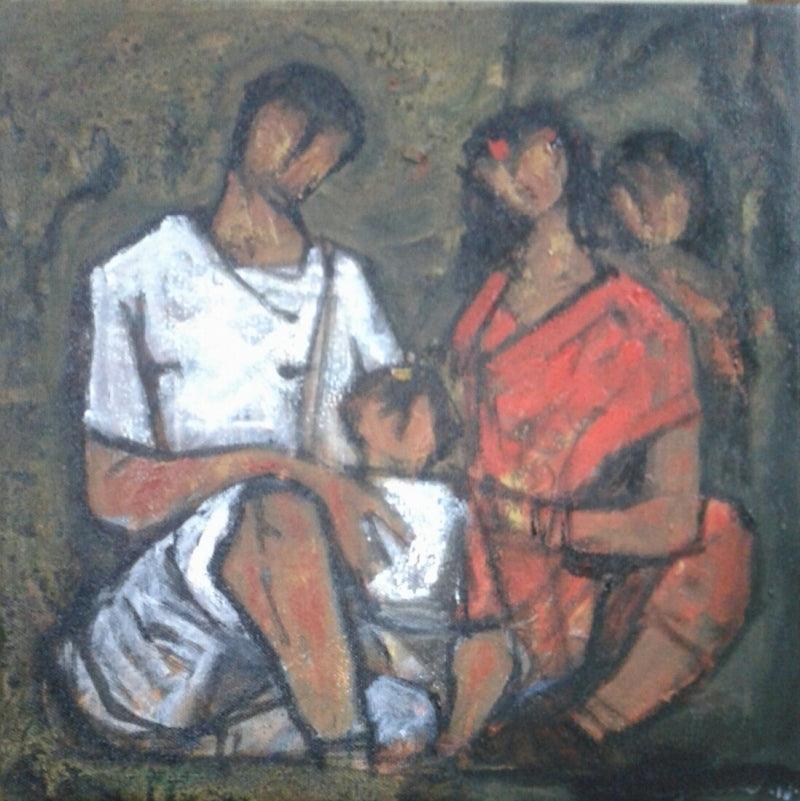 Figurative acrylic painting titled 'Family 1', 12x12 inches, by artist Ramesh Gujar on Canvas